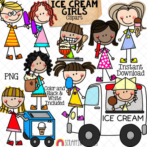 Ice Cream Clipart - Doodle Girls - Ice Cream Truck ClipArt - Cart - Sundae - Ice Cream Cone - Hand Drawn PNG