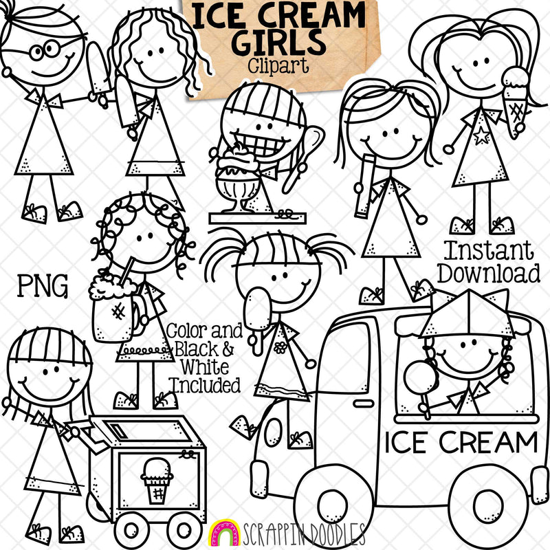 Ice Cream Clipart - Doodle Girls - Ice Cream Truck ClipArt - Cart - Sundae - Ice Cream Cone - Hand Drawn PNG