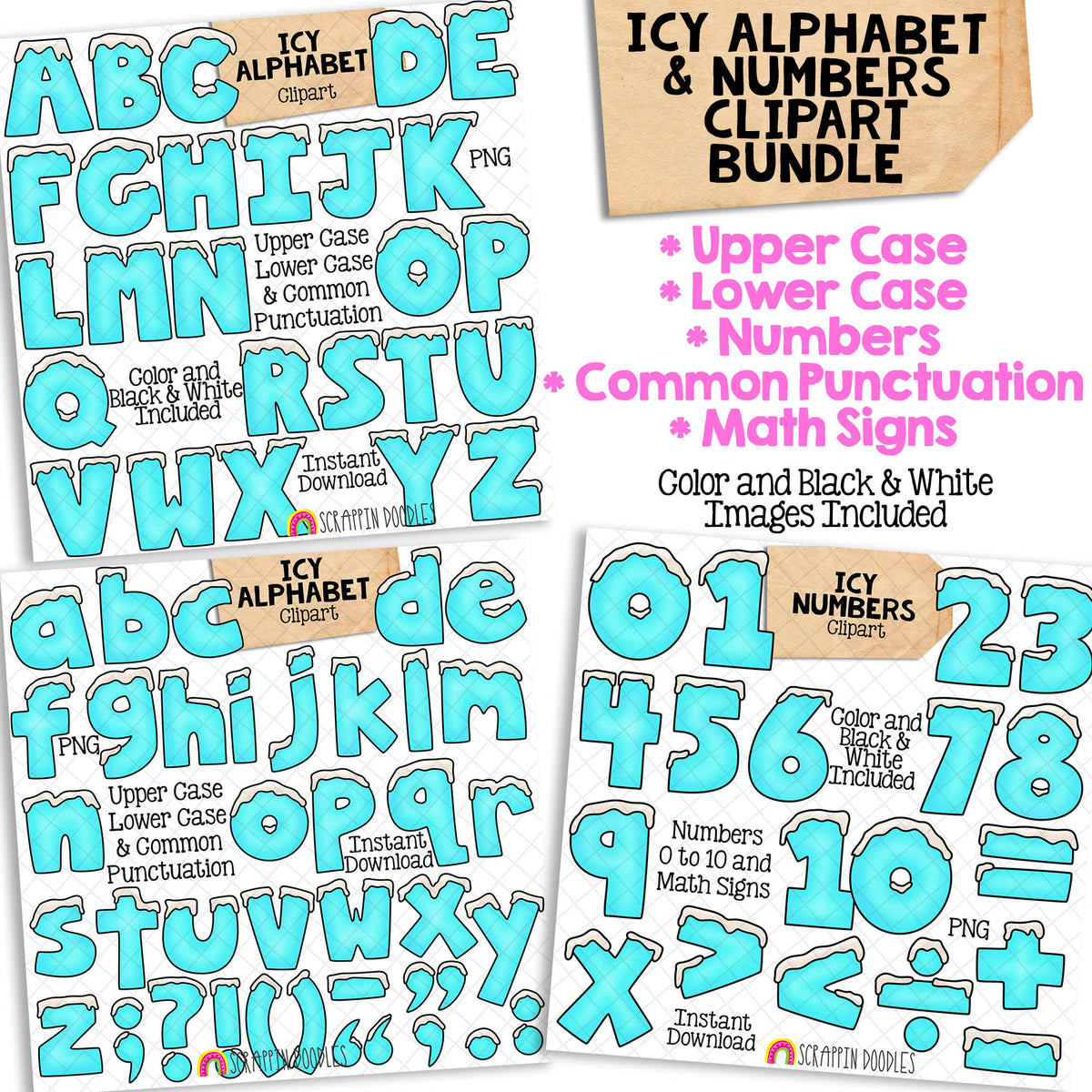 Icy Alphabet ClipArt - Snowy Ice Letters Clip Art - Numbers - Punctuation - PNG Graphics - Math Signs - Instant Download Sublimation Graphics