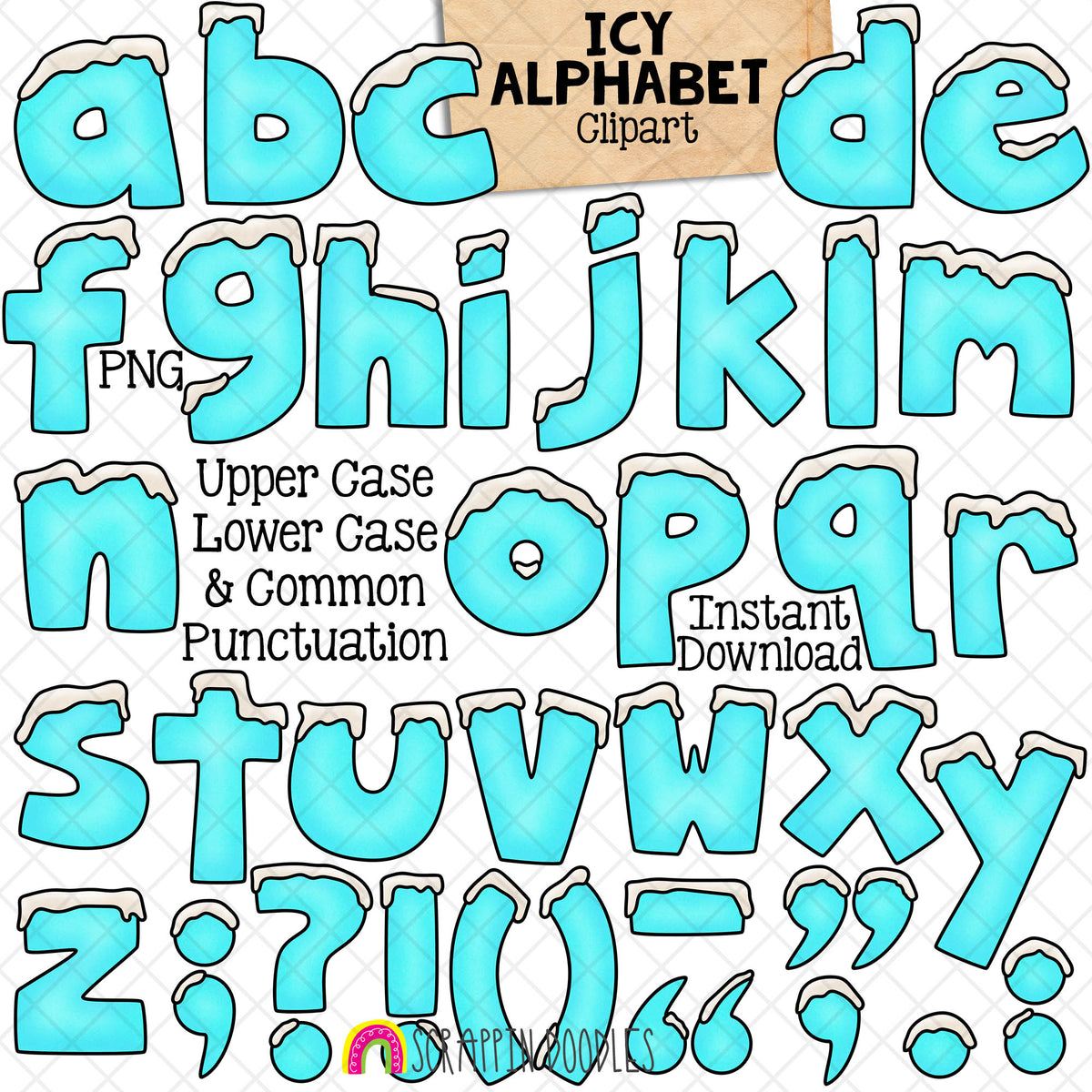 Icy Alphabet ClipArt - Snowy Ice Letters Clip Art - Numbers - Punctuation - PNG Graphics - Math Signs - Instant Download Sublimation Graphics