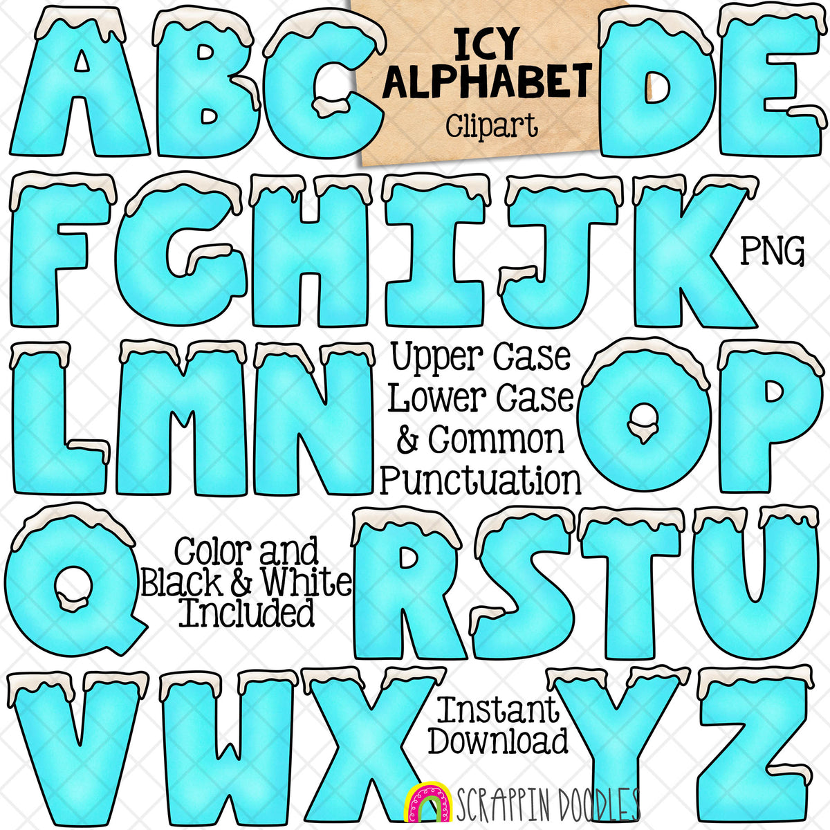 Icy Alphabet ClipArt - Snowy Ice Letters Clip Art - Numbers - Punctuation - PNG Graphics - Math Signs - Instant Download Sublimation Graphics