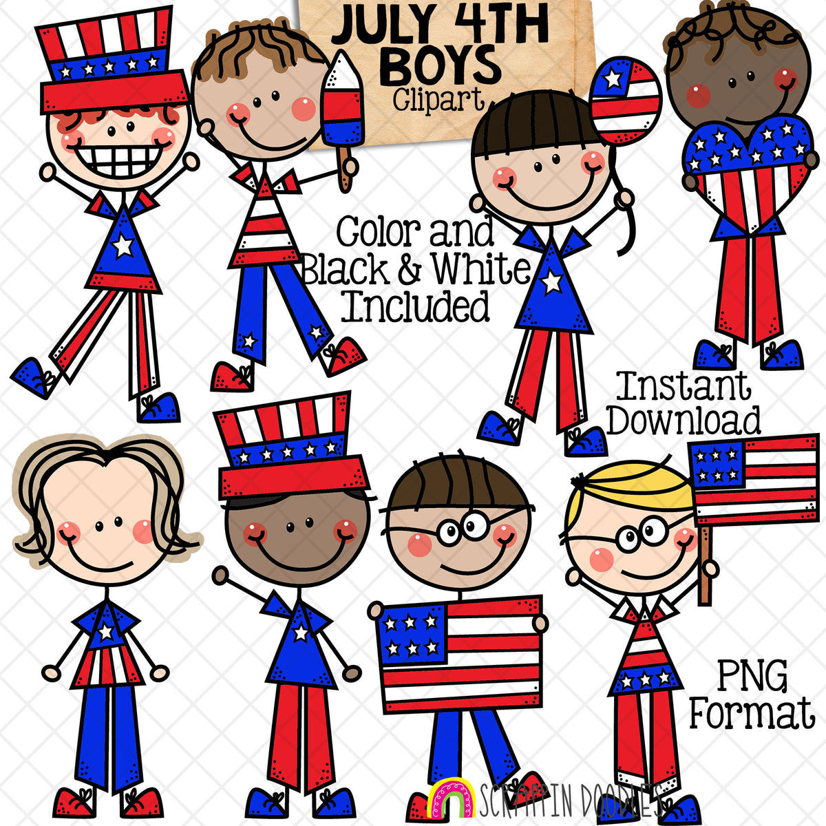 July 4th Clipart - Independence Day Doodle Boys - USA Graphics - Forth of July - Patriotic Clipart - Hand Drawn PNG