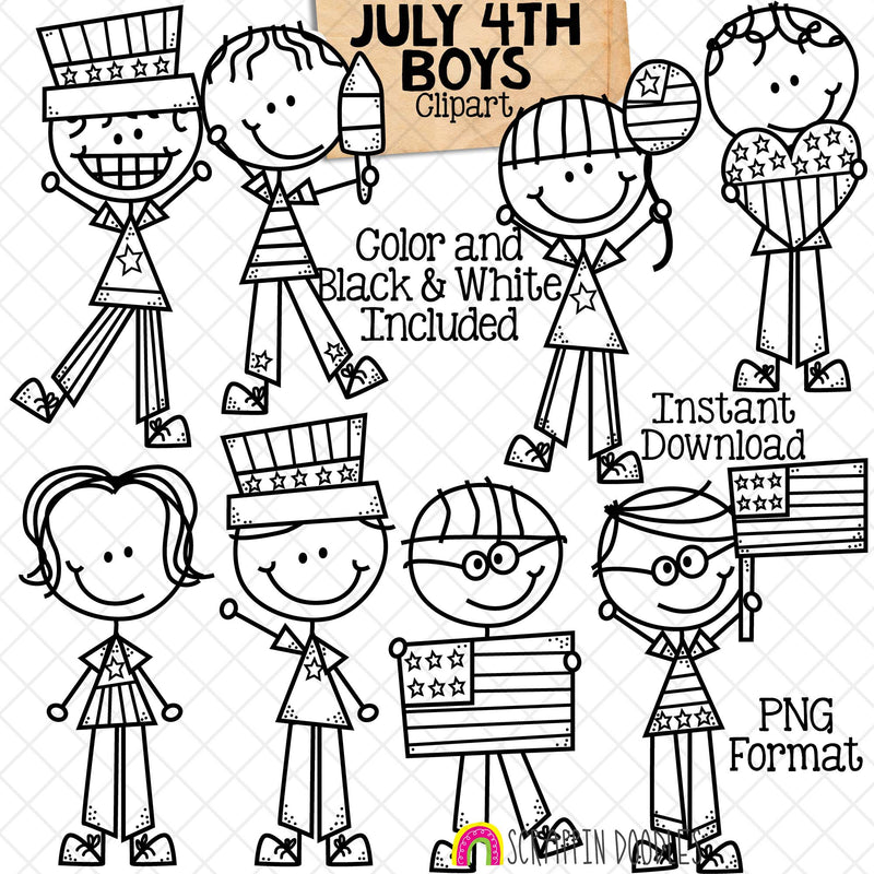 July 4th Clipart - Independence Day Doodle Boys - USA Graphics - Forth of July - Patriotic Clipart - Hand Drawn PNG