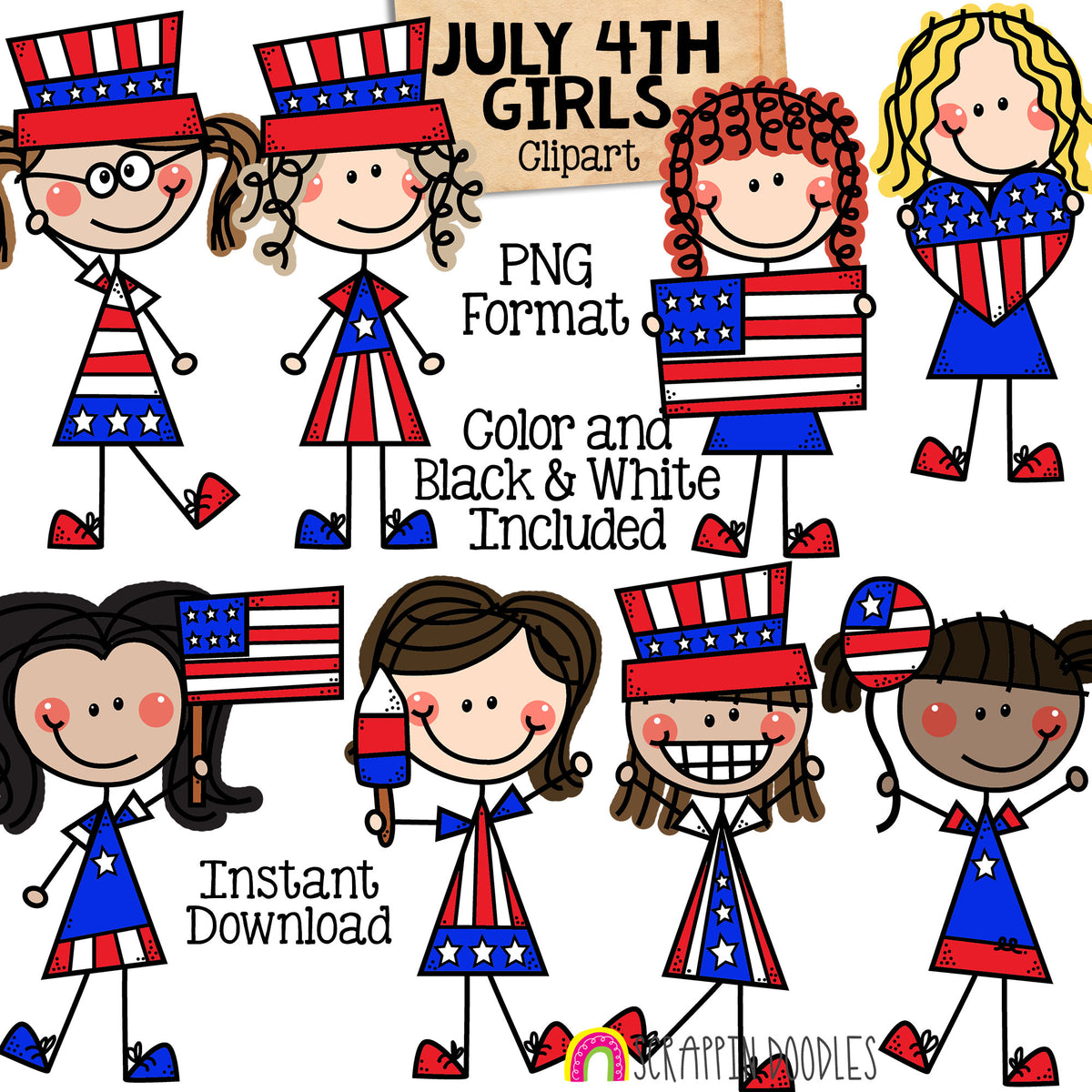 July 4th Clipart - Independence Day Doodle Girls - USA Graphics - Forth of July - Patriotic Clipart - Hand Drawn PNG