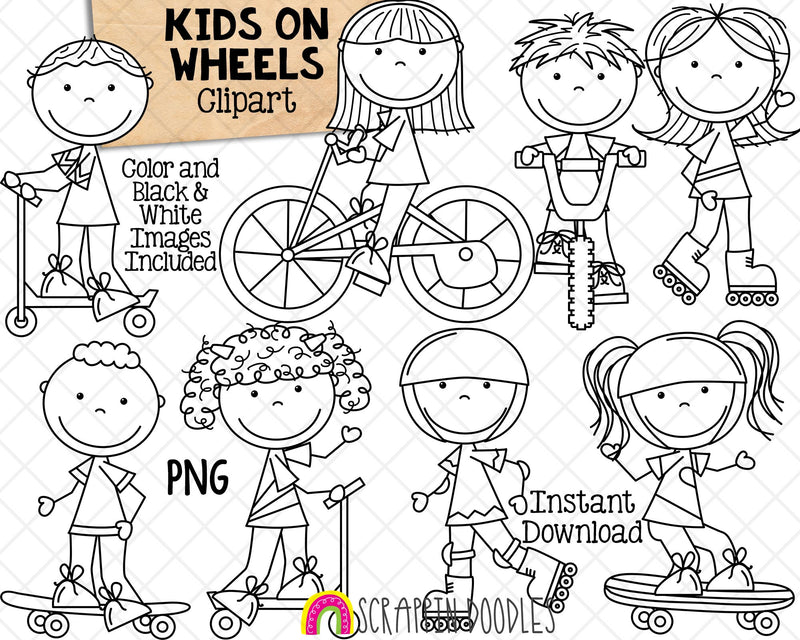 Kids on Wheels ClipArt - Skateboading Kids - Riding a Bike - Roller Skating - Commercial Use PNG