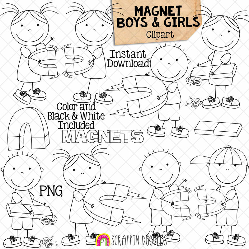 Magnet Boys and Girls Clipart - Kids Playing With Magnets - Commercial Use PNG - Susie and Tommy