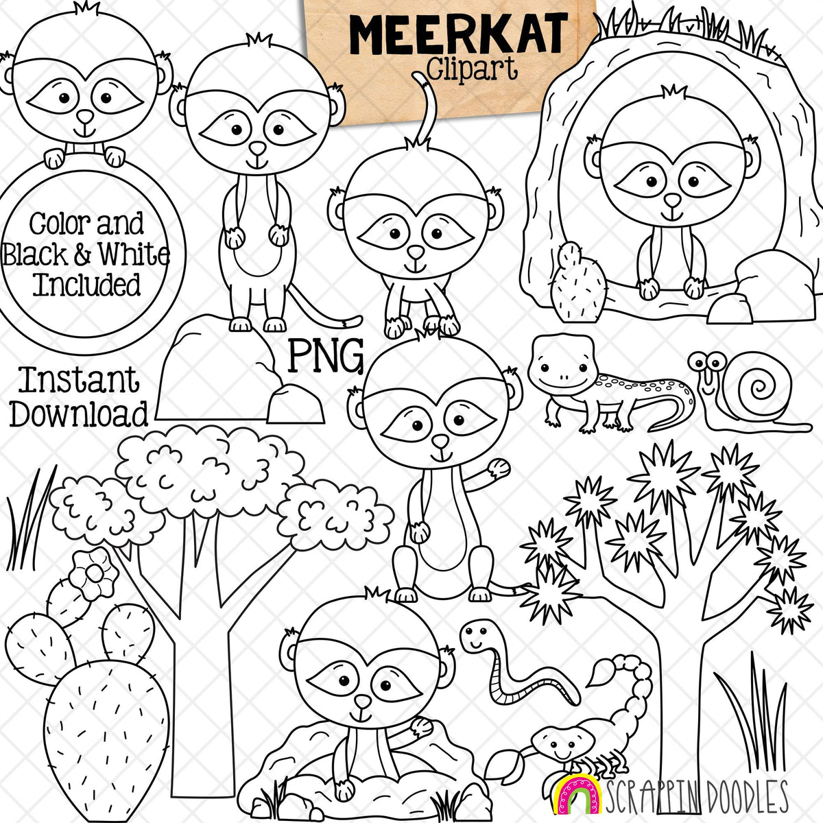 Meerkats ClipArt - Habitat - Cute Meerkats - Desert Environment - Lizard - Scorpion - Cactus - Joshua Tree - Snail - CU PNG