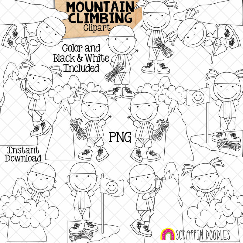 Mountain Climbing Clip Art - Mountaineering Clipart - Kids Climbing Mountains - Commercial Use PNG Sublimation