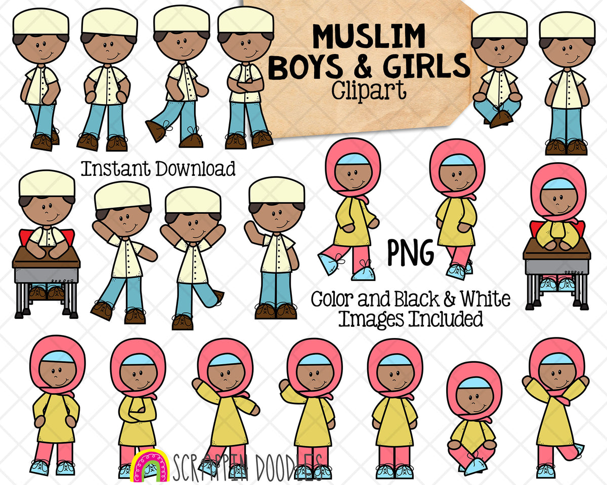 Muslim Boys and Girls Kids ClipArt - Multi Cultural Children Posing Graphics - Commercial Use PNG