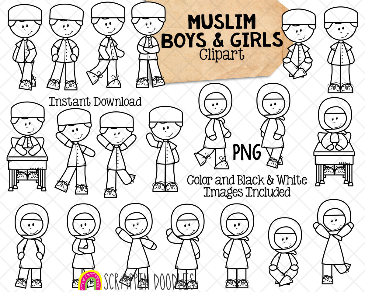 Muslim Boys and Girls Kids ClipArt - Multi Cultural Children Posing Graphics - Commercial Use PNG