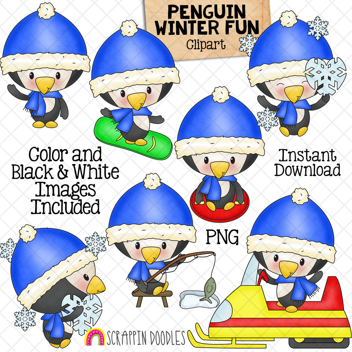 Penguin ClipArt - Winter Sports Penguins - Snowmobiling - Ice Fishing - Sledding - Winter Baby Penguin - Commercial Use PN