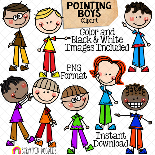 Pointing Clipart - Doodle Boys - Pointing Stick Figure Clip Art - Kids Pointing - Hand Drawn PNG - Sublimation Graphics