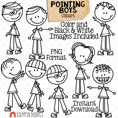 Pointing Clipart - Doodle Boys - Pointing Stick Figure Clip Art - Kids Pointing - Hand Drawn PNG - Sublimation Graphics