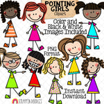 Pointing Clipart - Doodle Girls - Pointing Stick Figure Clip Art - Kids Pointing - Hand Drawn PNG - Sublimation Graphics