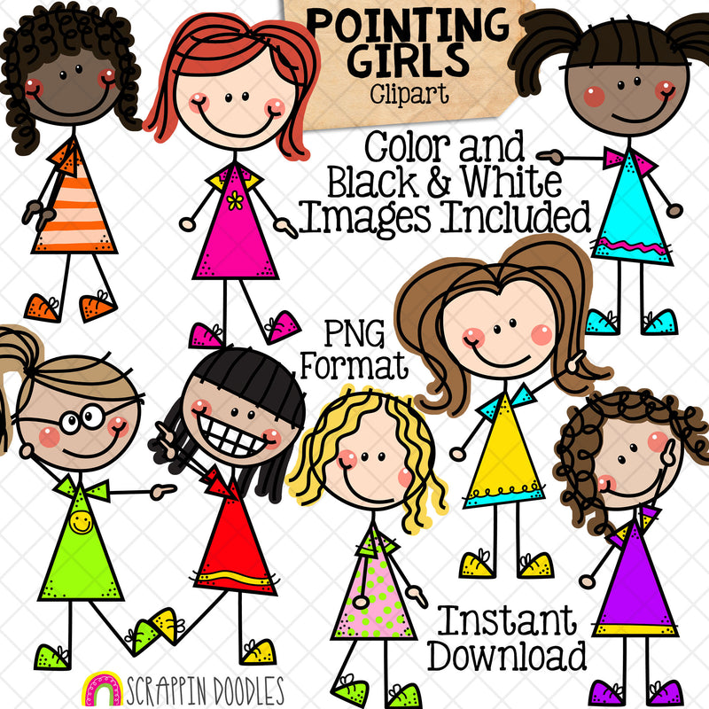 Pointing Clipart - Doodle Girls - Pointing Stick Figure Clip Art - Kids Pointing - Hand Drawn PNG - Sublimation Graphics