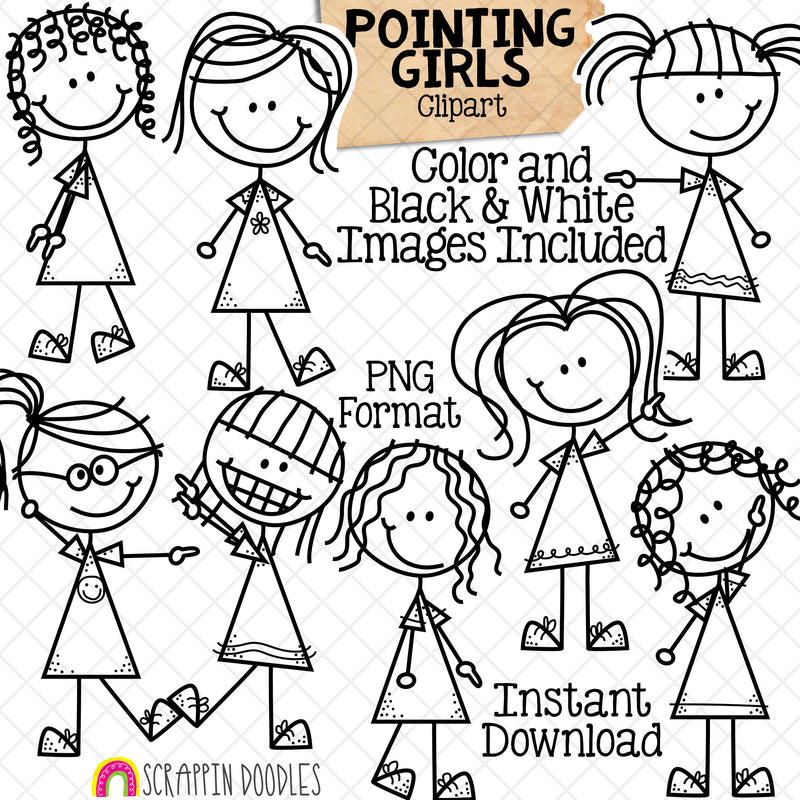 Pointing Clipart - Doodle Girls - Pointing Stick Figure Clip Art - Kids Pointing - Hand Drawn PNG - Sublimation Graphics