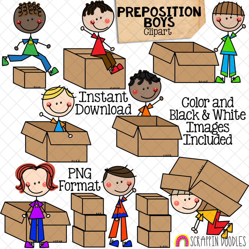 Preposition ClipArt - Doodle Boys Clip Art - Positional Words - Kids In Boxes - Prepositions - Commercial Use PNG