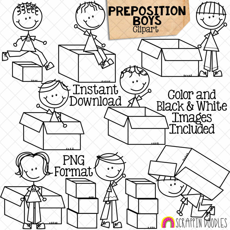 Preposition ClipArt - Doodle Boys Clip Art - Positional Words - Kids In Boxes - Prepositions - Commercial Use PNG