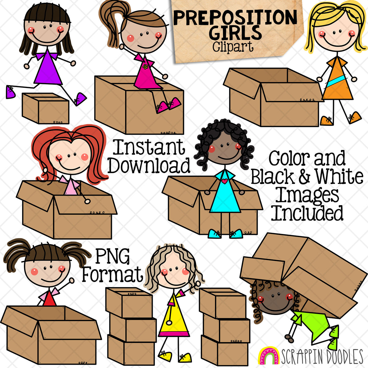 Preposition ClipArt - Doodle Girls Clip Art - Positional Words - Kids In Boxes - Prepositions - Commercial Use PNG