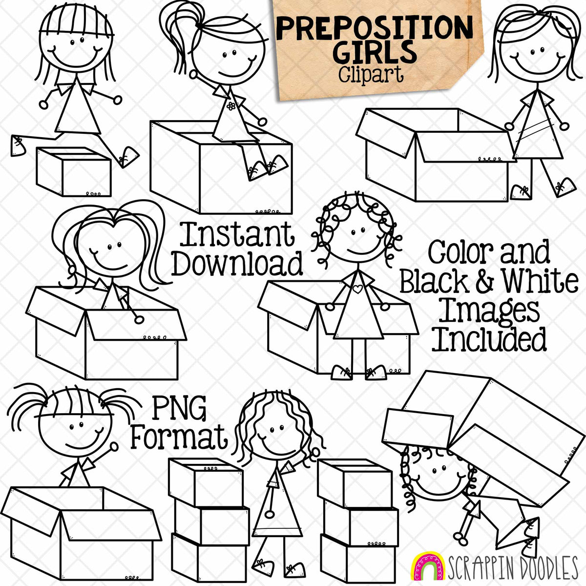 Preposition ClipArt - Doodle Girls Clip Art - Positional Words - Kids In Boxes - Prepositions - Commercial Use PNG