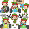 Racing Elf Clip Art - Christmas Elves Racing Cars - Race Car - Checkered Flag - Mechanic - Elfkins