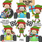 Racing Elf Clip Art - Christmas Elves Racing Cars - Race Car - Checkered Flag - Mechanic - Elfkins