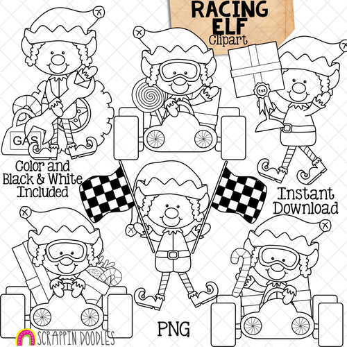 Racing Elf Clip Art - Christmas Elves Racing Cars - Race Car - Checkered Flag - Mechanic - Elfkins