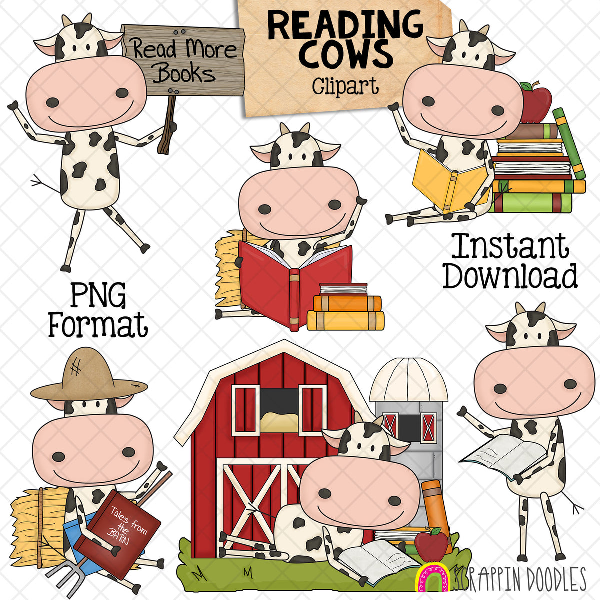 Reading Cows ClipArt - Cows Reading Books - Barn Readers - Cow Holding Sign - CU PNG Graphics - Instant Download Sublimation Graphics