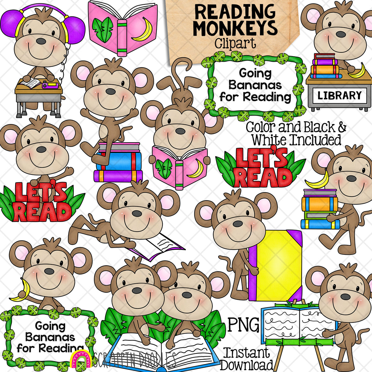 Monkey Clip Art - Monkeys Reading Books - Jungle Animals - School - Learning to Read - Commercial Use PNG Sublimation