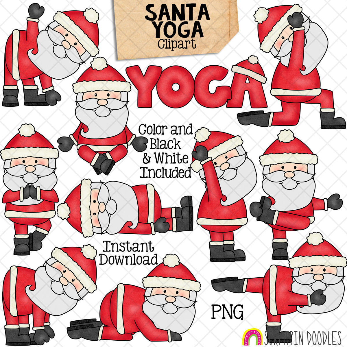 Santa Claus Yoga Clip Art - Christmas Stretching Clipart - Yoga Poses - Commercial Use PNG Sublimation