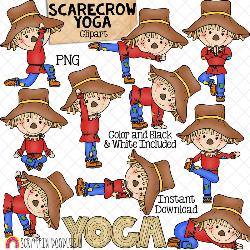 Scarecrow Yoga Clip Art - Stretching Clipart - Scarecrows Doing Yoga Poses - Commercial Use PNG Sublimation