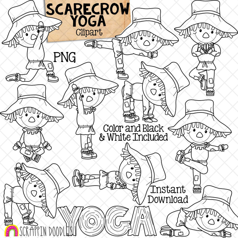 Scarecrow Yoga Clip Art - Stretching Clipart - Scarecrows Doing Yoga Poses - Commercial Use PNG Sublimation