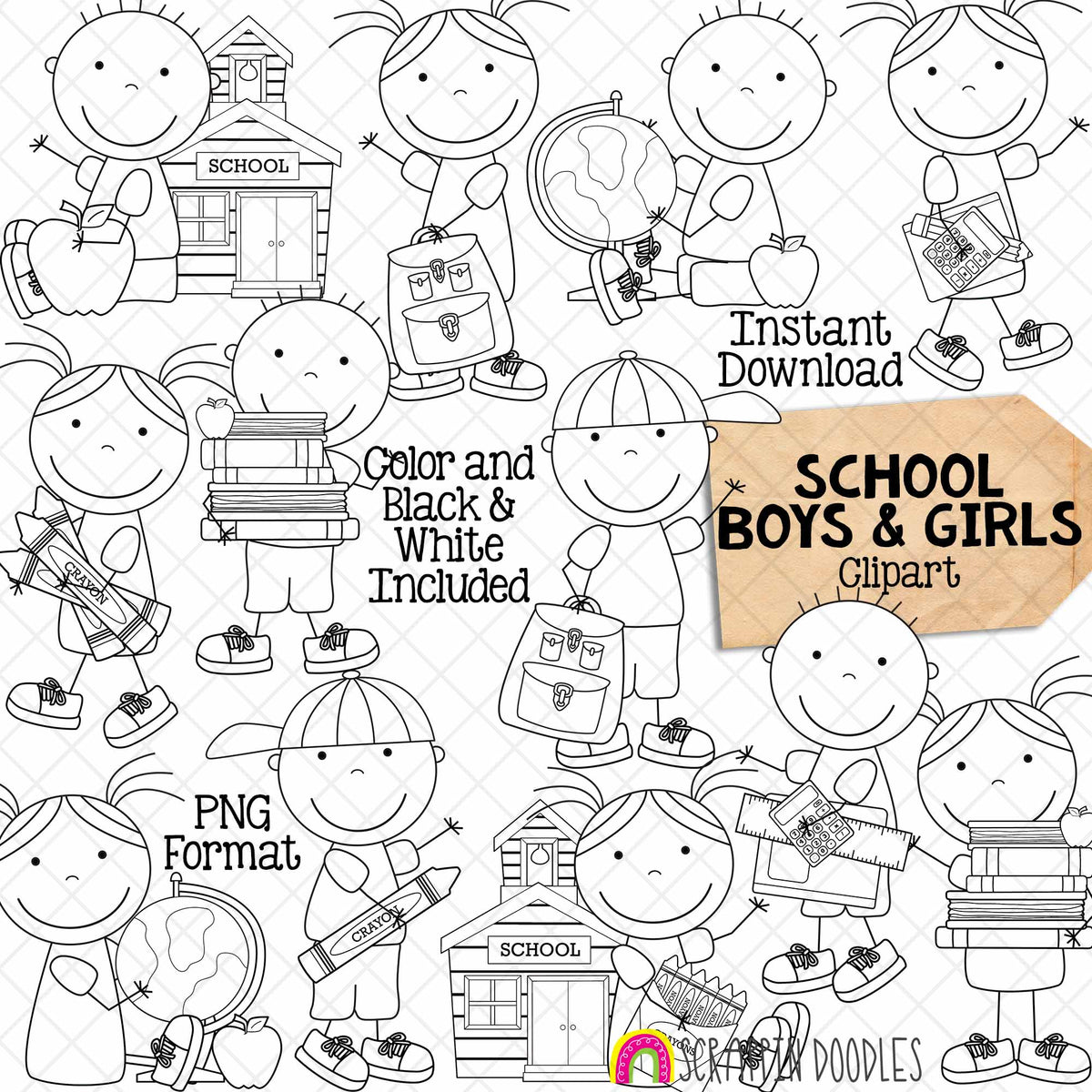 School Boys and Girls Clipart - Stick Kids - First Day of School - Commercial Use PNG - Susie and Tommy