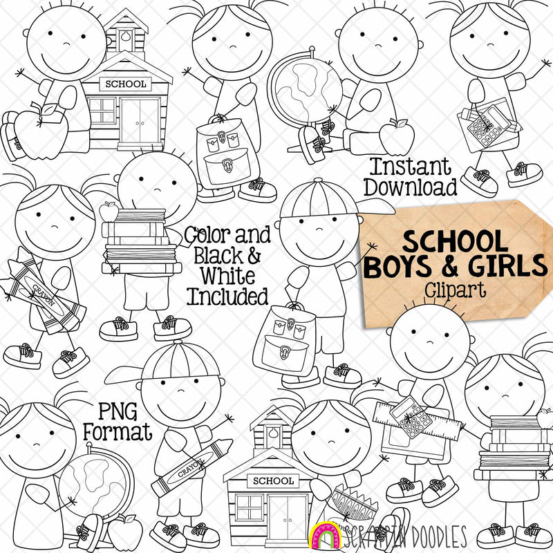 School Boys and Girls Clipart - Stick Kids - First Day of School - Commercial Use PNG - Susie and Tommy