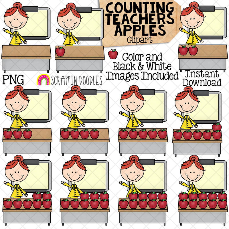 Counting Apples ClipArt - School Counting - Apples on Teachers Desk - Seasonal Math Graphics - Commercial Use PNG