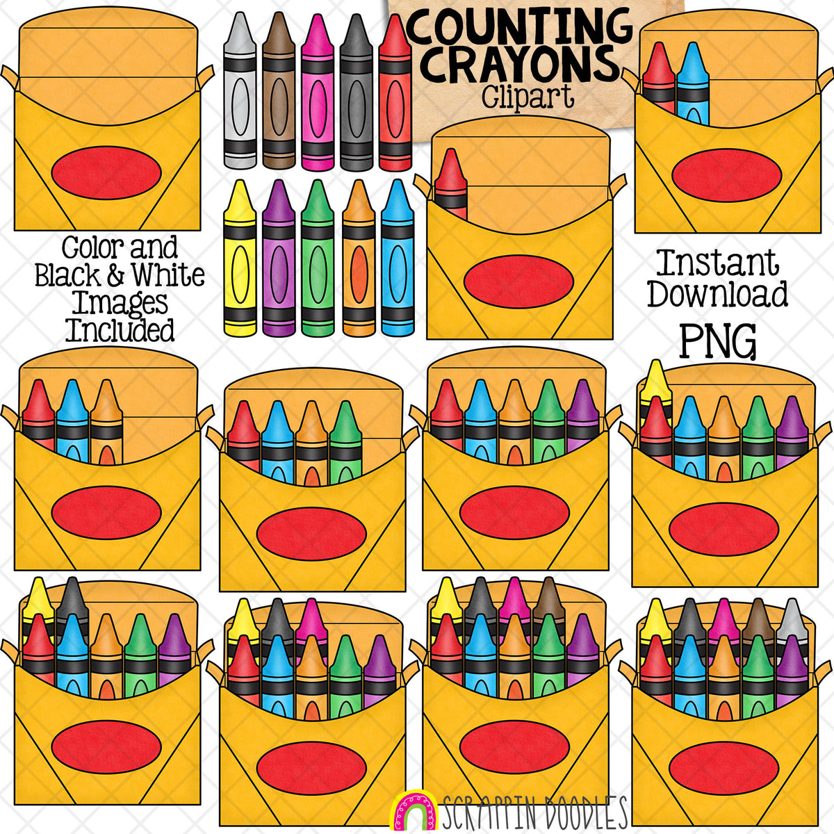 Counting Crayons ClipArt - School Counting - Crayons in a Box - Seasonal Math Graphics - Commercial Use PNG