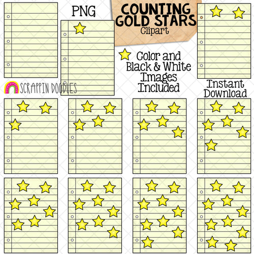 Counting Gold Star ClipArt - School Counting - Gold Stars on Paper - Seasonal Math Graphics - Commercial Use PNG