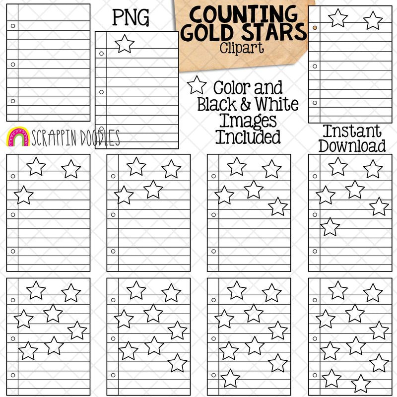 Counting Gold Star ClipArt - School Counting - Gold Stars on Paper - Seasonal Math Graphics - Commercial Use PNG