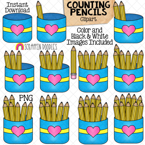 Counting Pencils ClipArt - School Counting - Pencils In A Cup - Seasonal Math Graphics