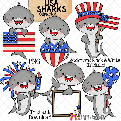 USA Sharks Clip Art - Grey Shark Clipart - Baby Shark - Patriotic - Independence Day - USA Flag - CU - PNG