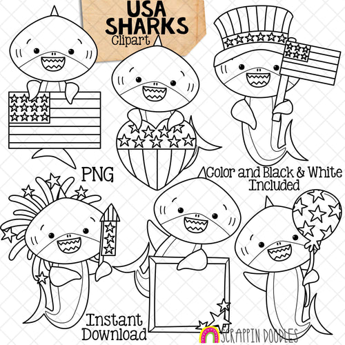 USA Sharks Clip Art - Grey Shark Clipart - Baby Shark - Patriotic - Independence Day - USA Flag - CU - PNG