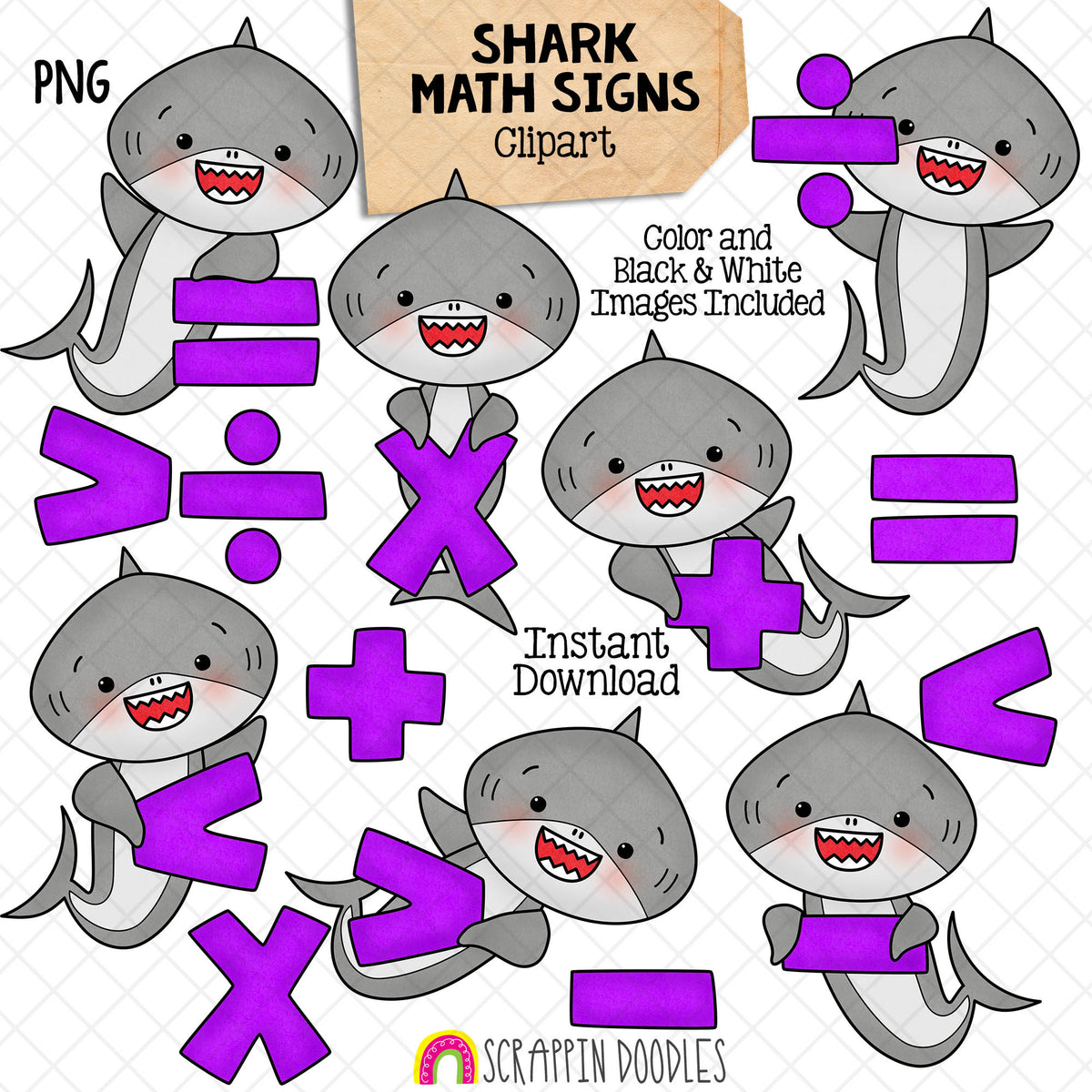 Math Sign Sharks Clip Art - Grey Shark Clipart - Sharks Holding Mathematical Signs - Commercial Use PNG Sublimation