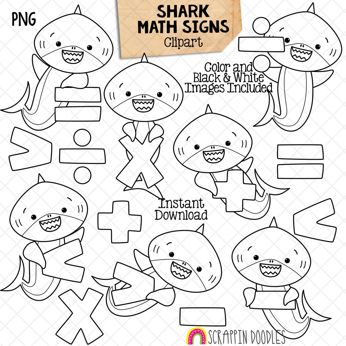 Math Sign Sharks Clip Art - Grey Shark Clipart - Sharks Holding Mathematical Signs - Commercial Use PNG Sublimation