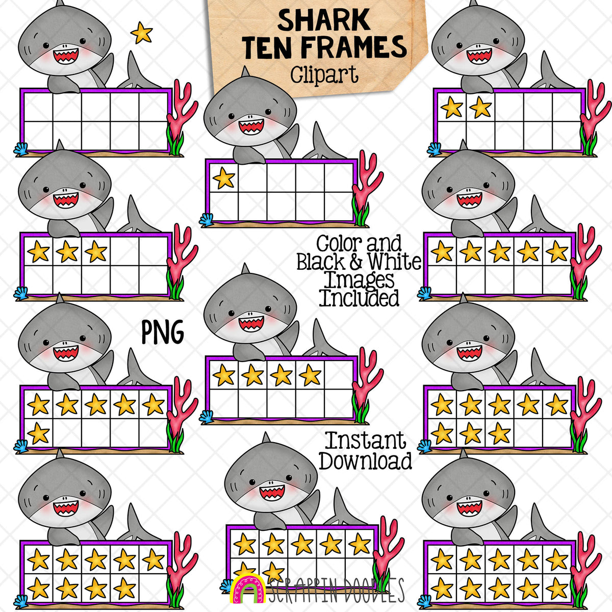 Shark Ten Frames Clip Art - Grey Shark Clipart - Counting Sharks