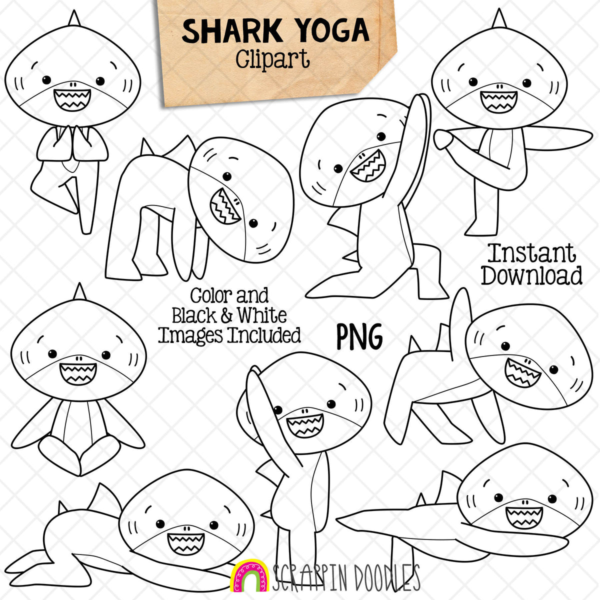 Shark Yoga Clip Art - Stretching Clipart - Sharks Doing Yoga Poses