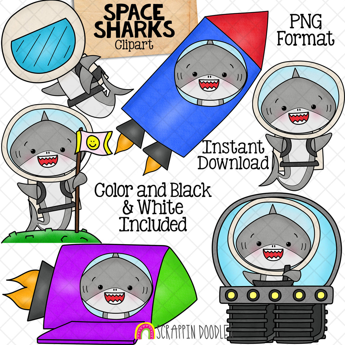 Space Sharks Clip Art - Grey Shark Clipart - Baby Shark - Astronaut - Space Ship - Rocket - Commercial Use - PNG