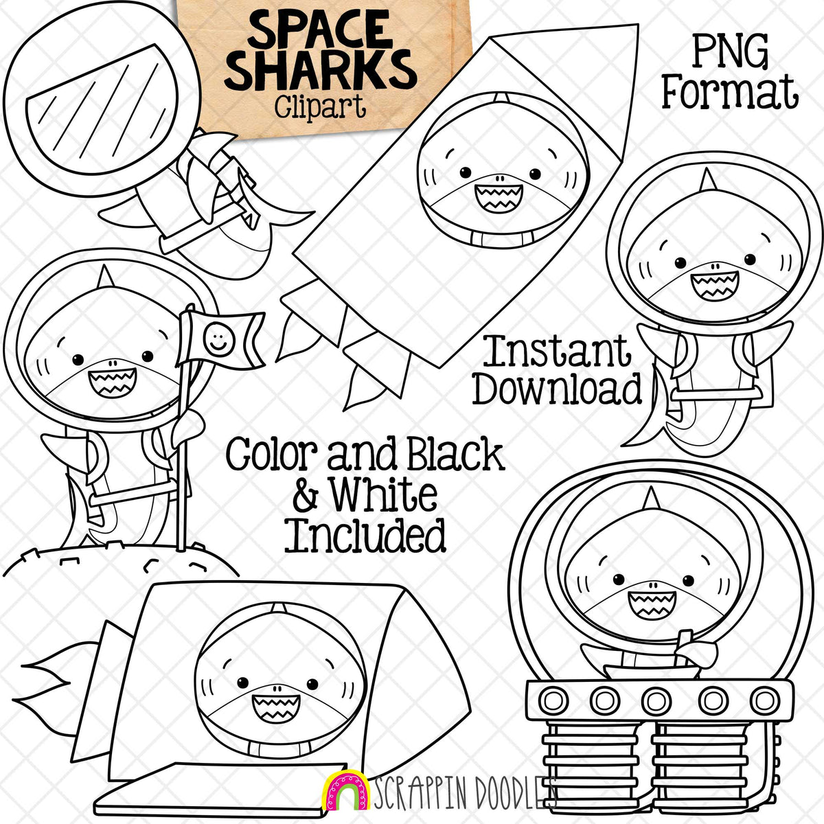 Space Sharks Clip Art - Grey Shark Clipart - Baby Shark - Astronaut - Space Ship - Rocket - Commercial Use - PNG