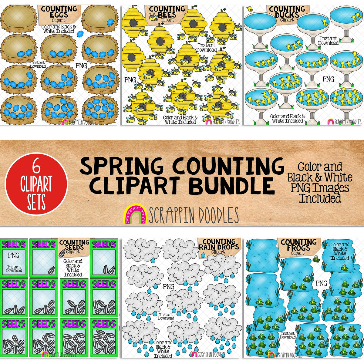  Spring Counting ClipArt Bundle - Seasonal Math Graphics - Commercial Use PNG