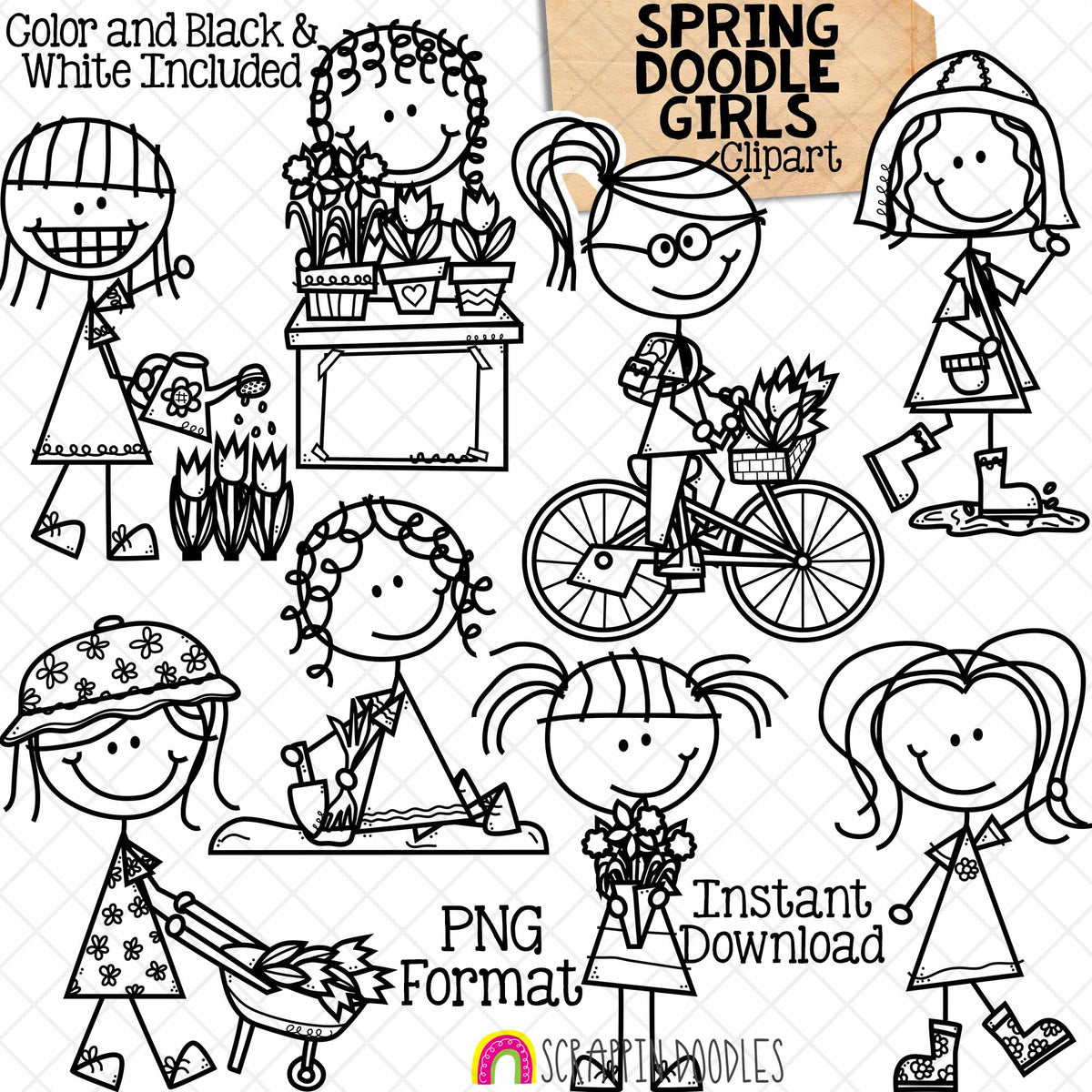 Spring Girls Clip Art - Doodle Kids Stick Figure Graphics - Gardening - Tulips - Daffodil - Rain Puddle - Commercial Use PNG