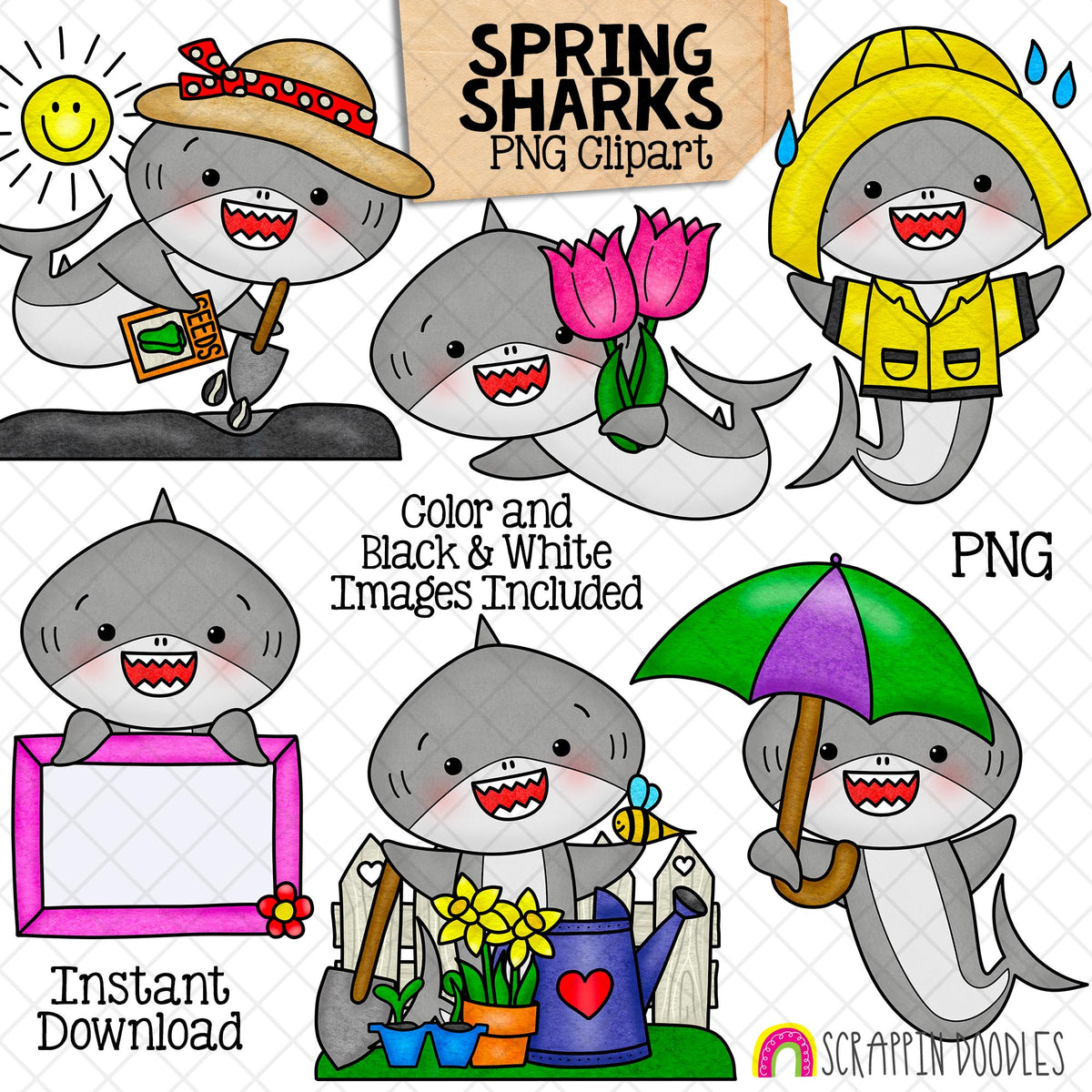 Spring Sharks Clip Art - Grey Shark Gardening Clipart - Baby Shark